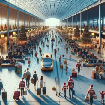 A photorealistic image of the interior of Sydney Airport during the Christmas holiday rush. The scene should be bustling with a diverse crowd of travel.