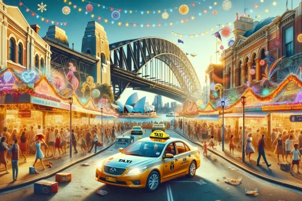 A bustling Sydney street scene during New Year's Eve celebrations, showcasing the iconic Sydney Harbour Bridge and Opera House in the background.